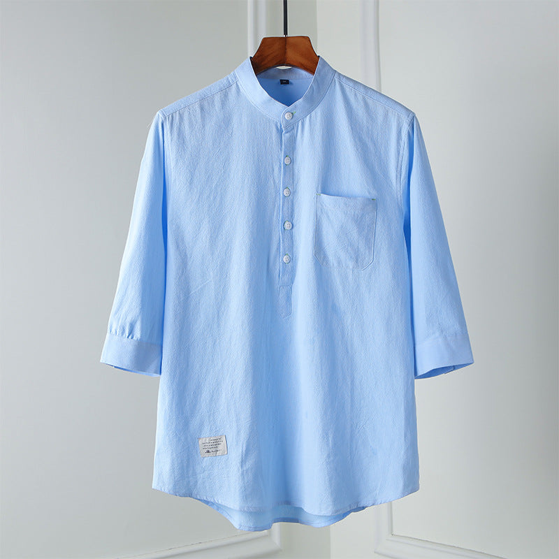 【LACOSTE】2025 New Men's Stand Collar Cotton and Linen Three-quarter Sleeve T-shirt
