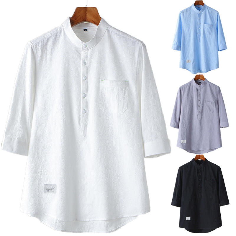 【LACOSTE】2025 New Men's Stand Collar Cotton and Linen Three-quarter Sleeve T-shirt