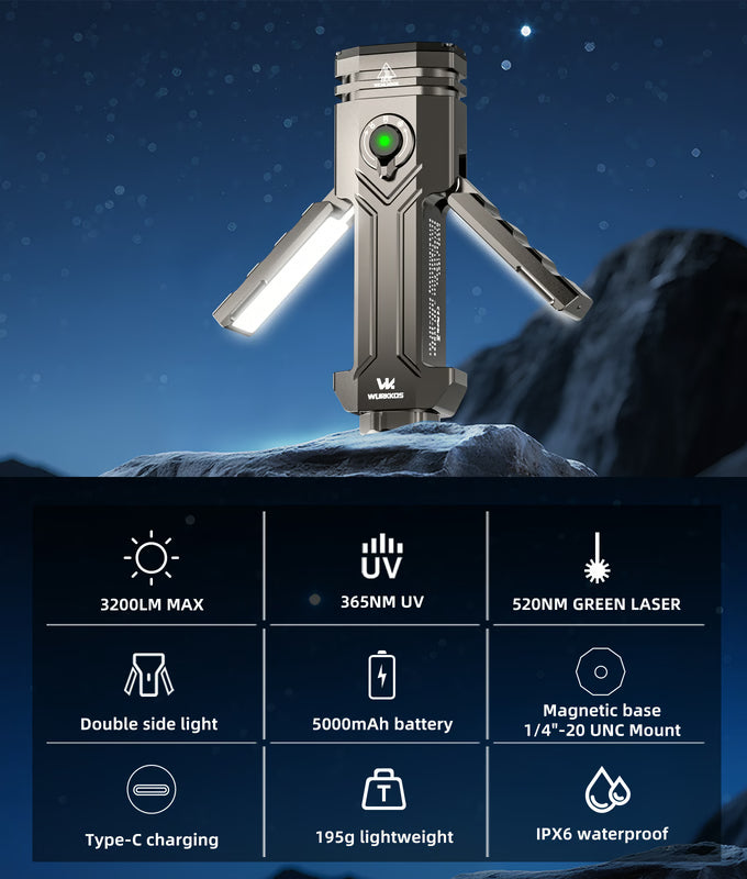 WURKKOS HD02: Magnetic Deformation Flashlight with 4 Beams