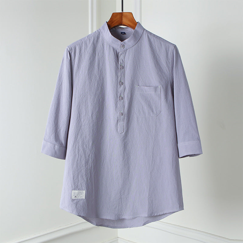 【LACOSTE】2025 New Men's Stand Collar Cotton and Linen Three-quarter Sleeve T-shirt