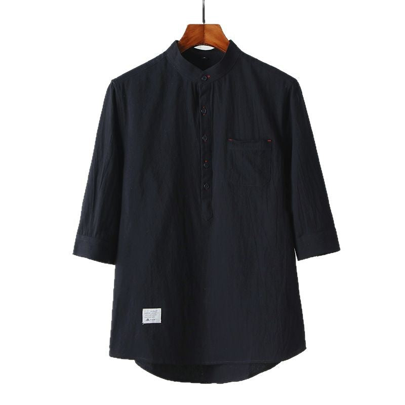 【LACOSTE】2025 New Men's Stand Collar Cotton and Linen Three-quarter Sleeve T-shirt