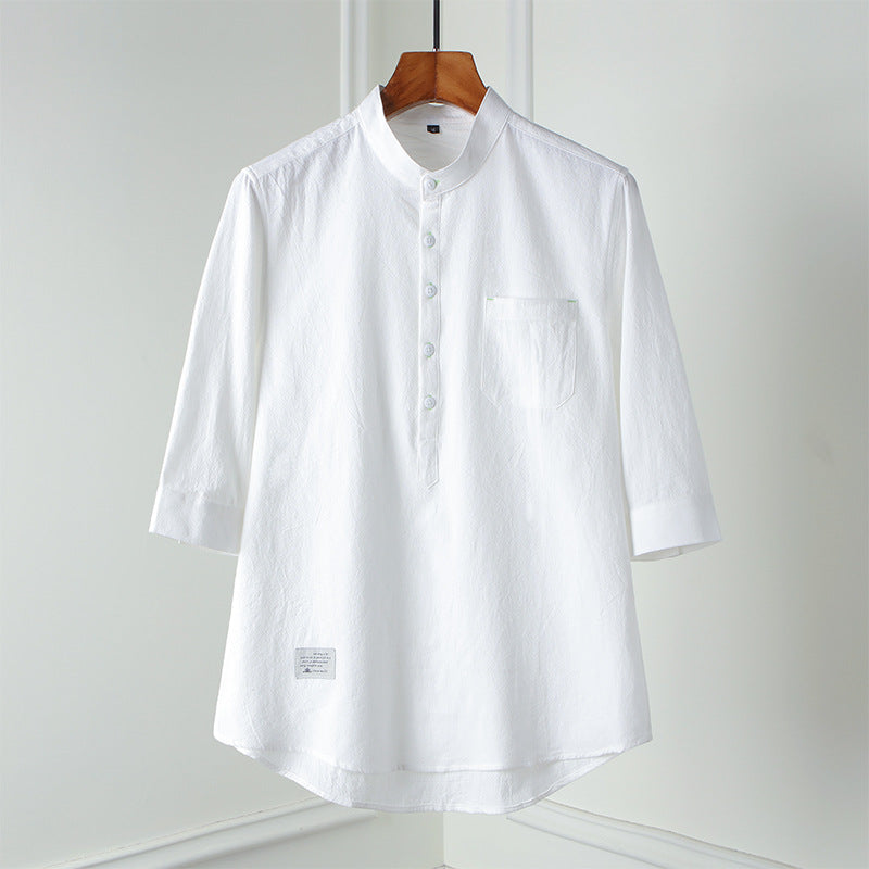 【LACOSTE】2025 New Men's Stand Collar Cotton and Linen Three-quarter Sleeve T-shirt